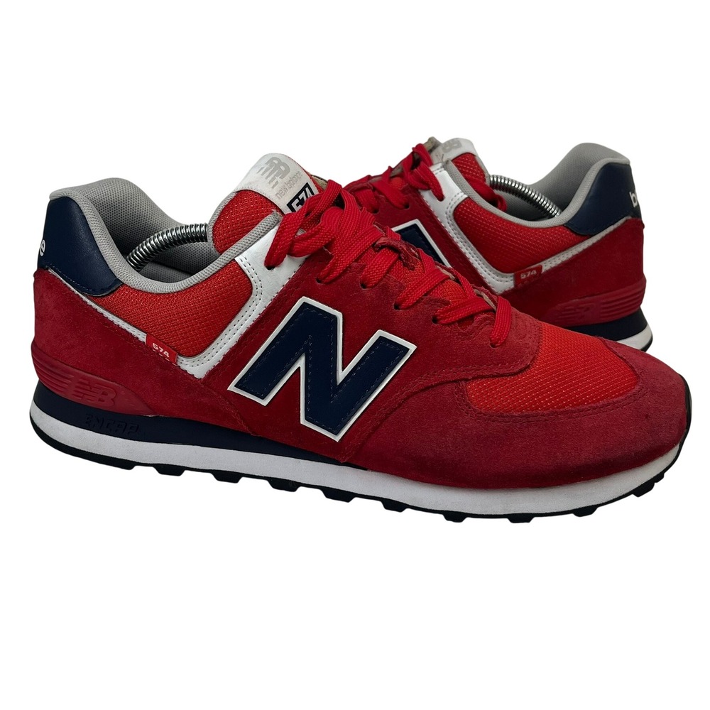 New Balance 574 Sneaker Mens 12 Red Navy Blue ML574SP2 Suede Mesh Running Shoes